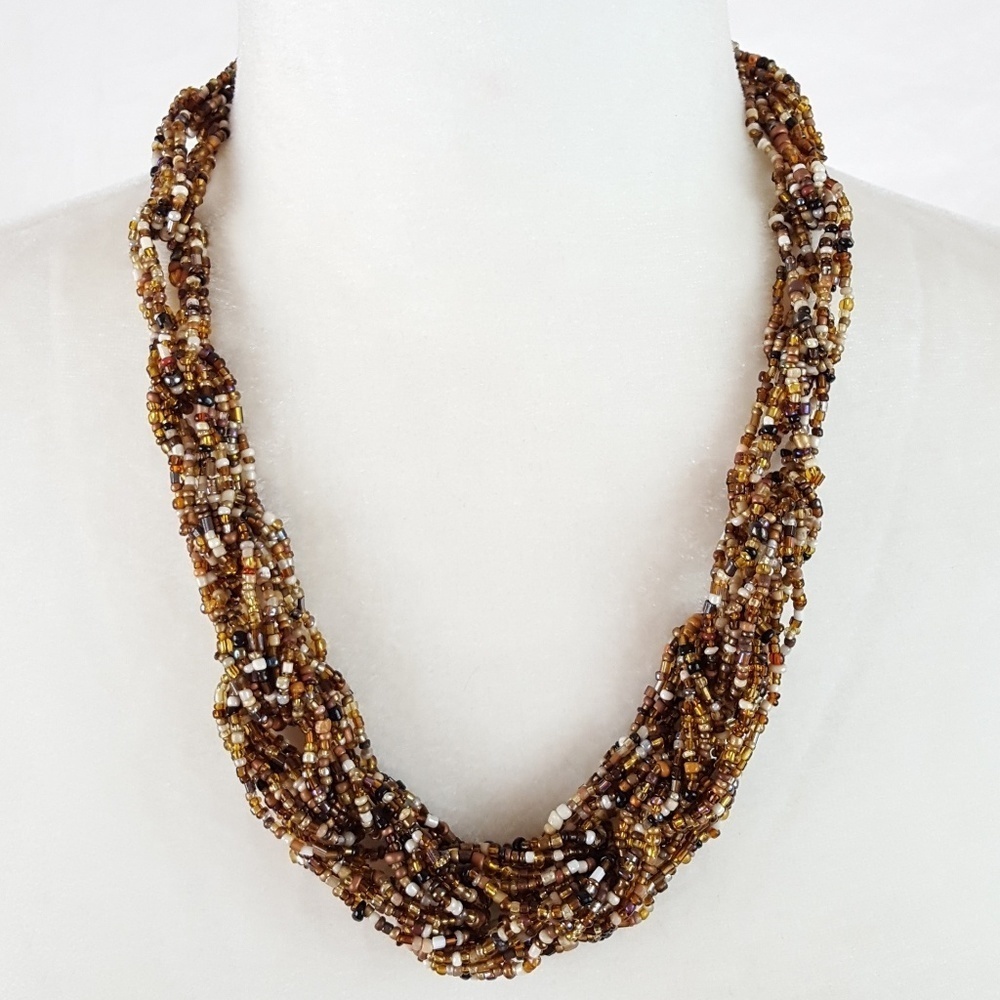 Vintage Multi‎ Strand Seed Bead Torsade Necklace Brown Amber Earth Tones Boho